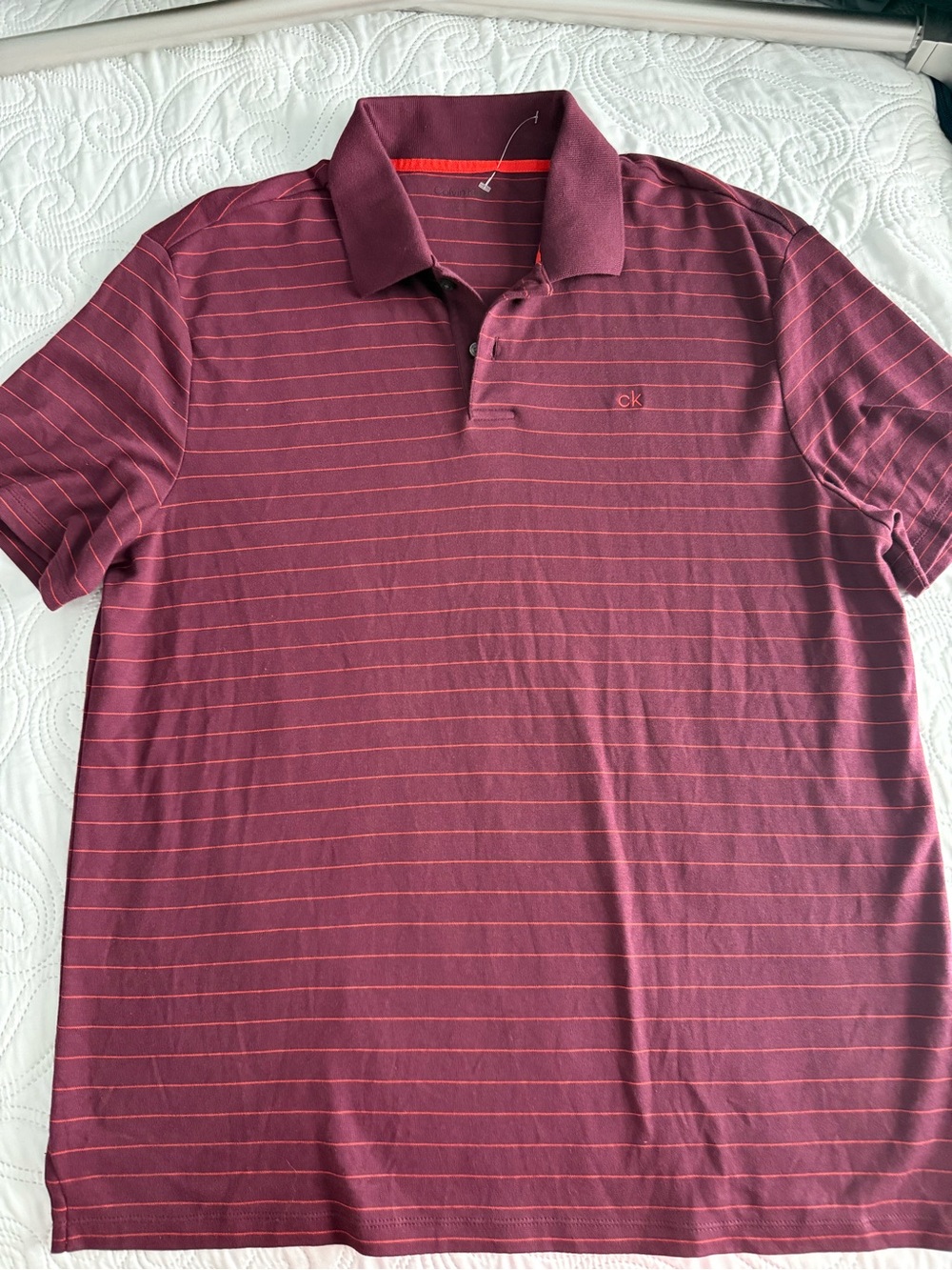 Calvin Klein Men's Maroon Polo with Thin Orange Stripes